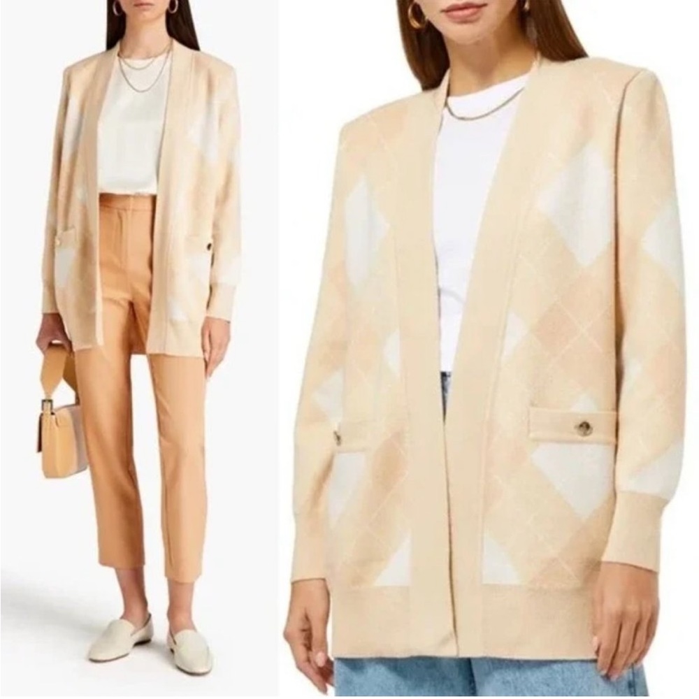 Sandro Cream & White Argyle Open-Front Blazer Cardigan